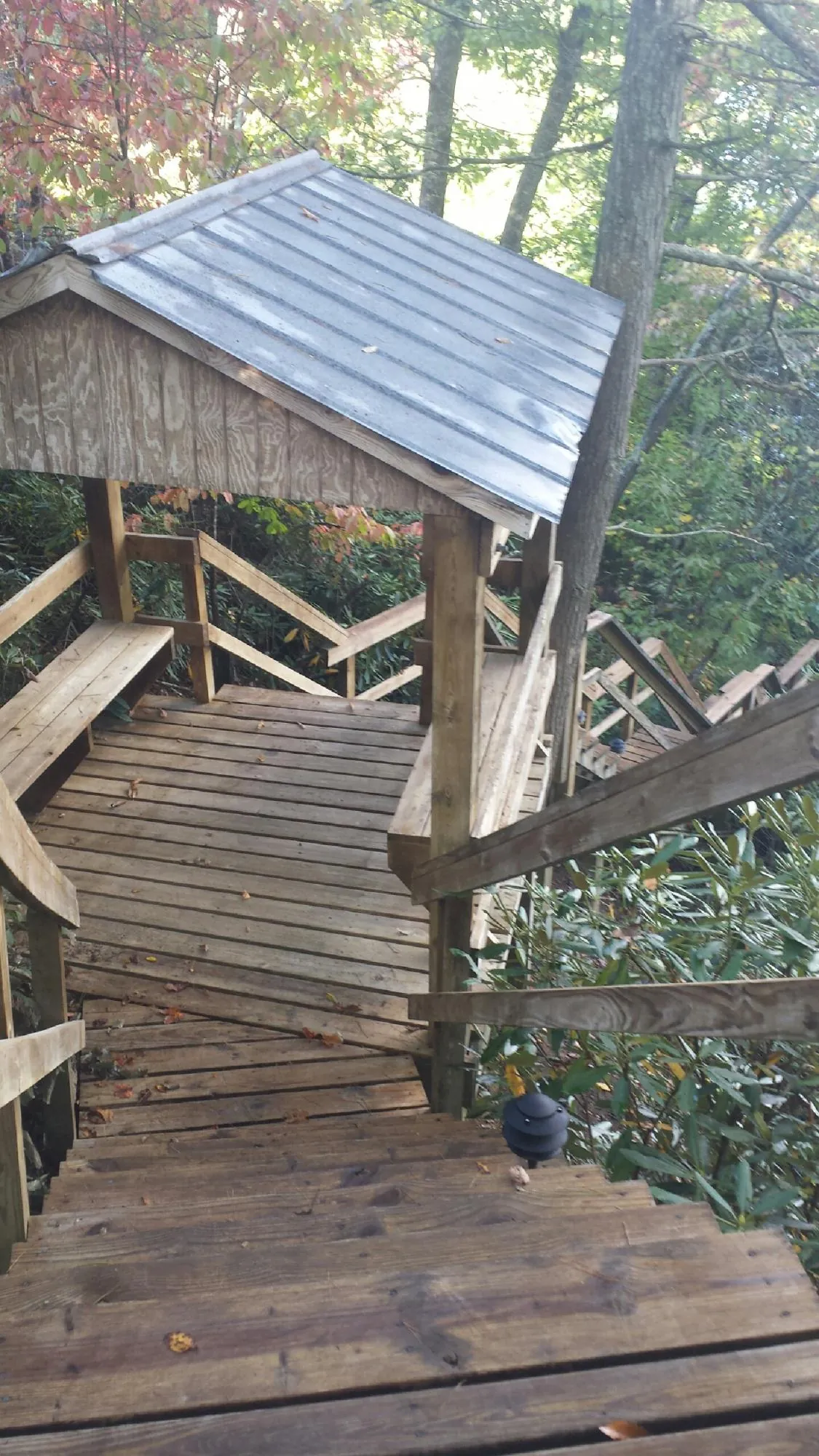 Metal roofed shelter over wooden steps on a wooded walkway — Skylight Repair & Installation work by our crew in Riverdale